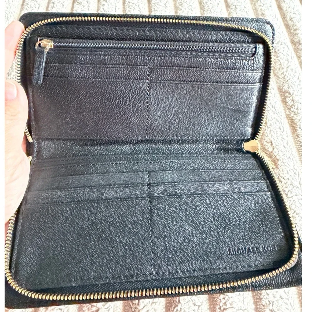 Michael Kors Hamilton Black Pebbled Leather Zip Around Wallet Gold Padlock